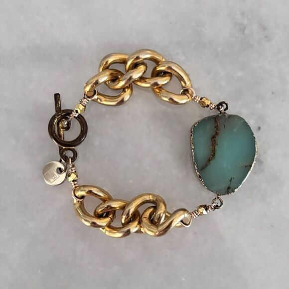 BLB Designs Chunky Curb Chain Gemstone Accent Toggle Clasp Bracelet Gold-tone 7" - Picture 1 of 4